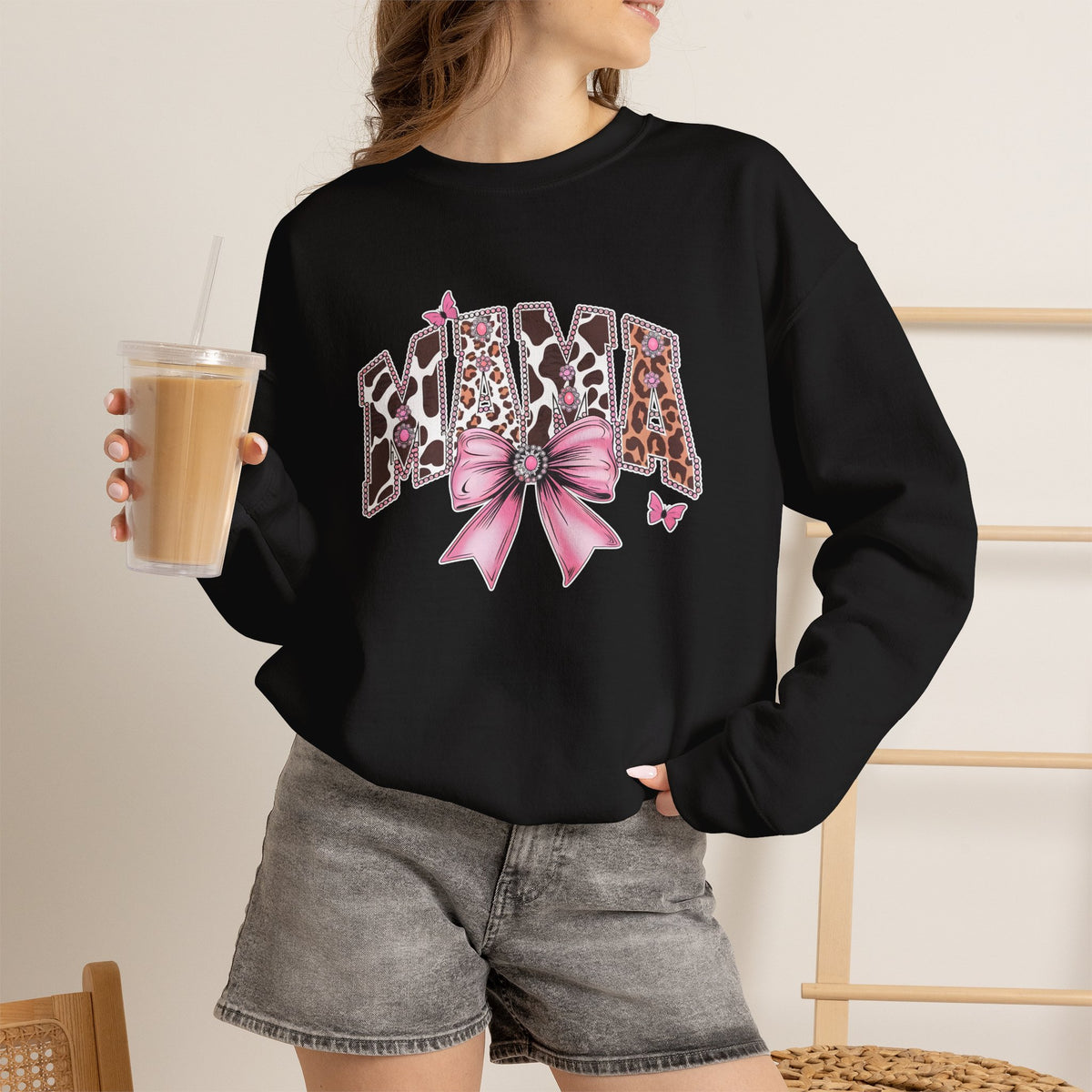 Mama Leopard Print Sweatshirt with Pink Bow — Mom Graphic Crewneck