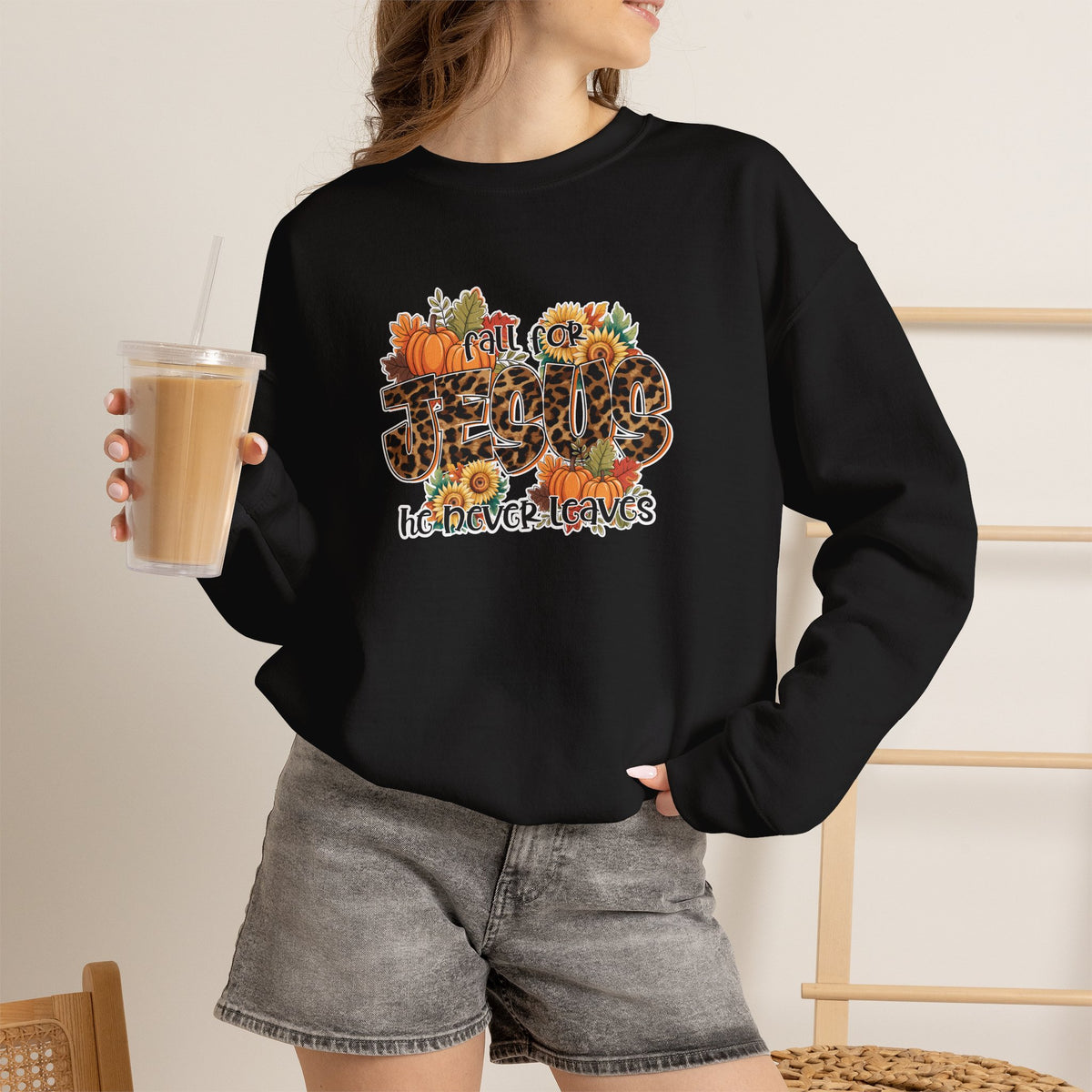 Fall Crewneck Sweatshirt - 'Hello Fall' Leopard Pumpkin Design