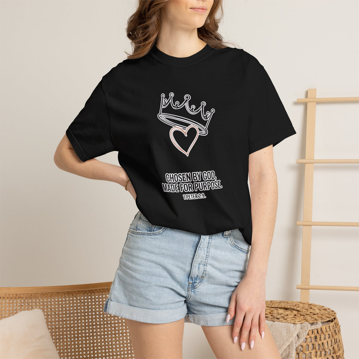 Christian Faith T-Shirt — “Chosen by God, Made for Purpose” Crown & Heart Tee