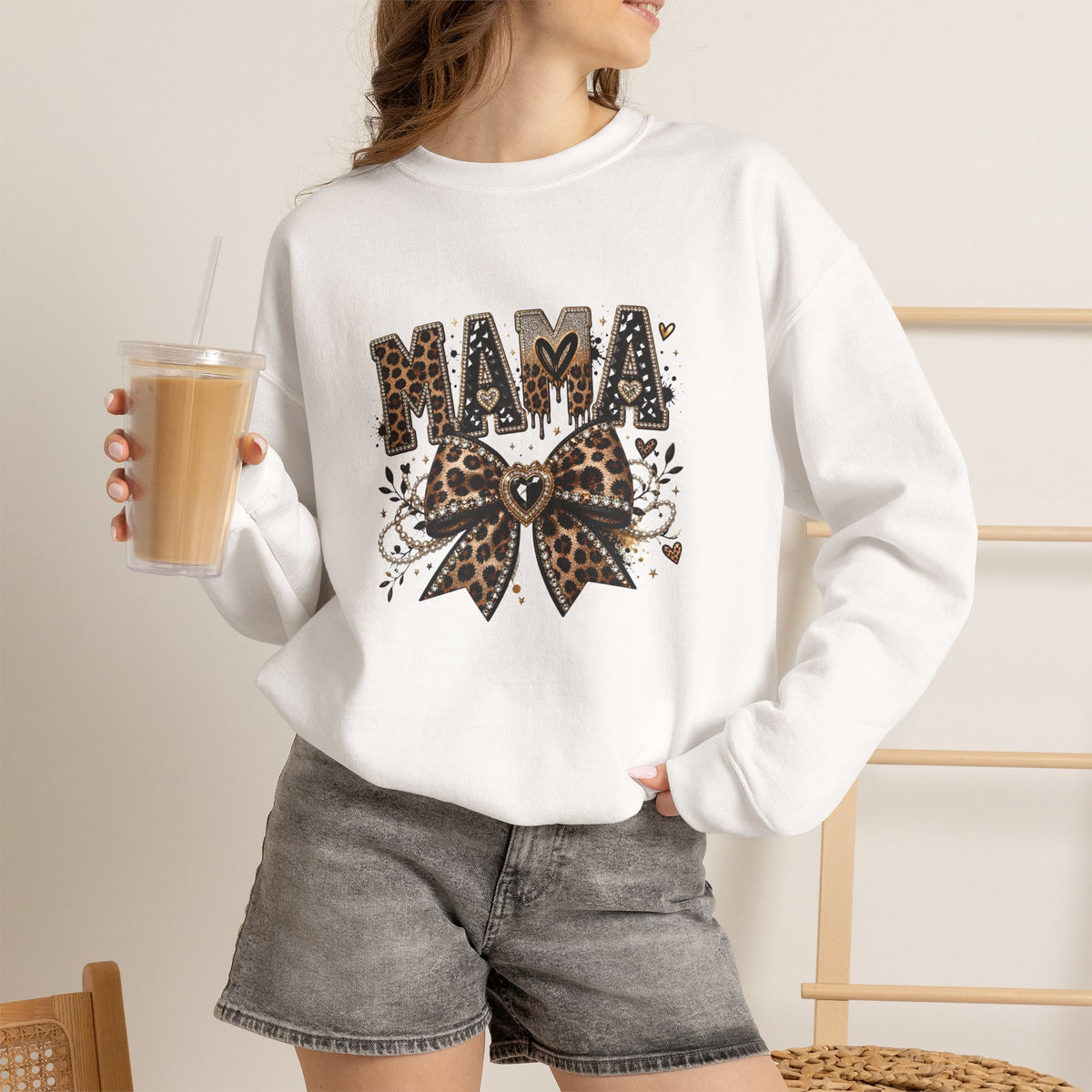 Mama Leopard Bow Crewneck Sweatshirt — Feminine Leopard Print Mama Pullover