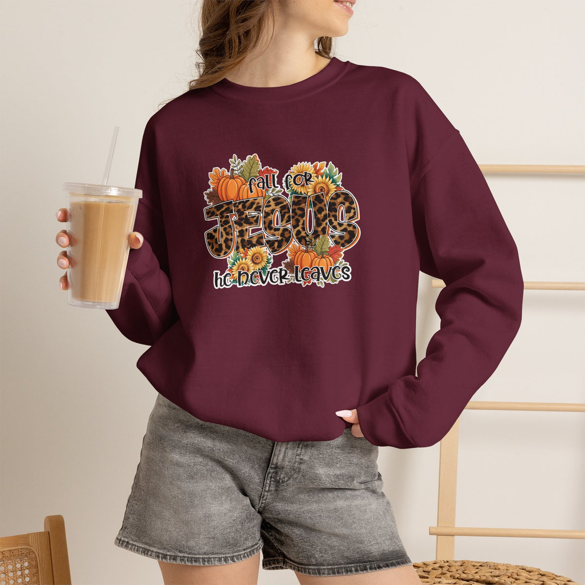 Fall Crewneck Sweatshirt - 'Hello Fall' Leopard Pumpkin Design