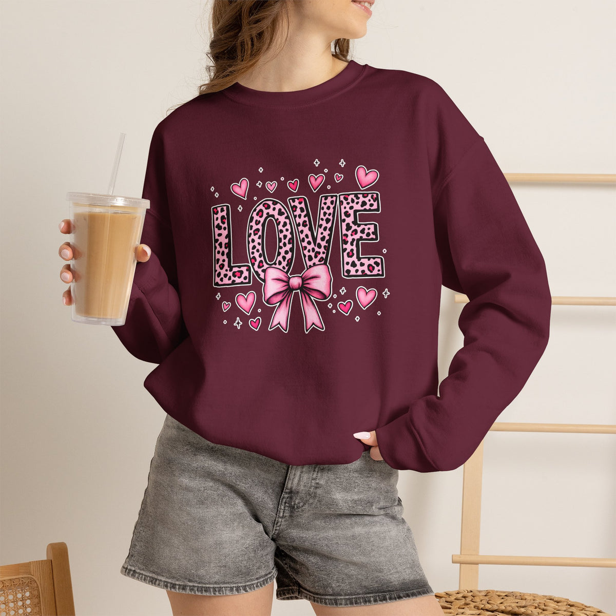 Love Leopard Bow Crewneck Sweatshirt — Cute Pink Heart Valentine Pullover