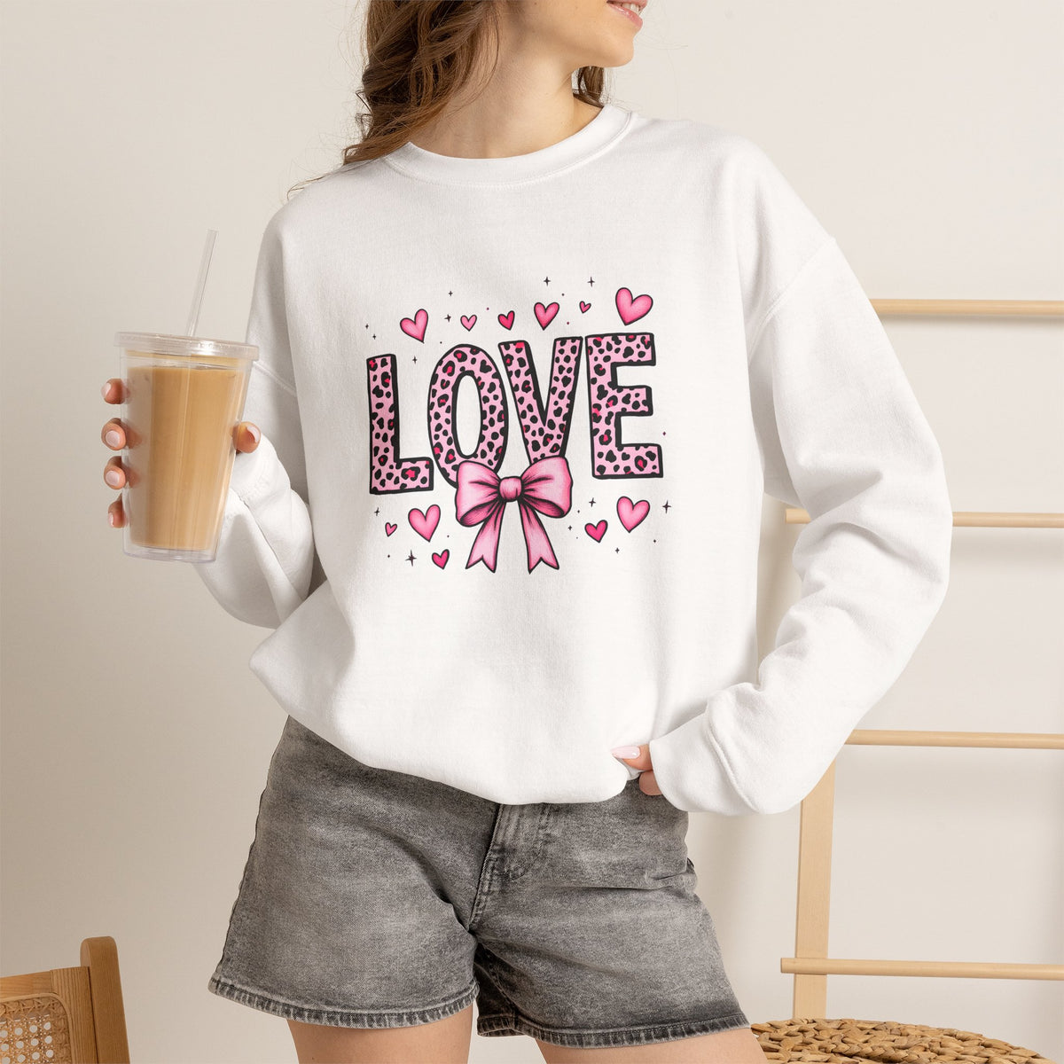 Love Leopard Bow Crewneck Sweatshirt — Cute Pink Heart Valentine Pullover