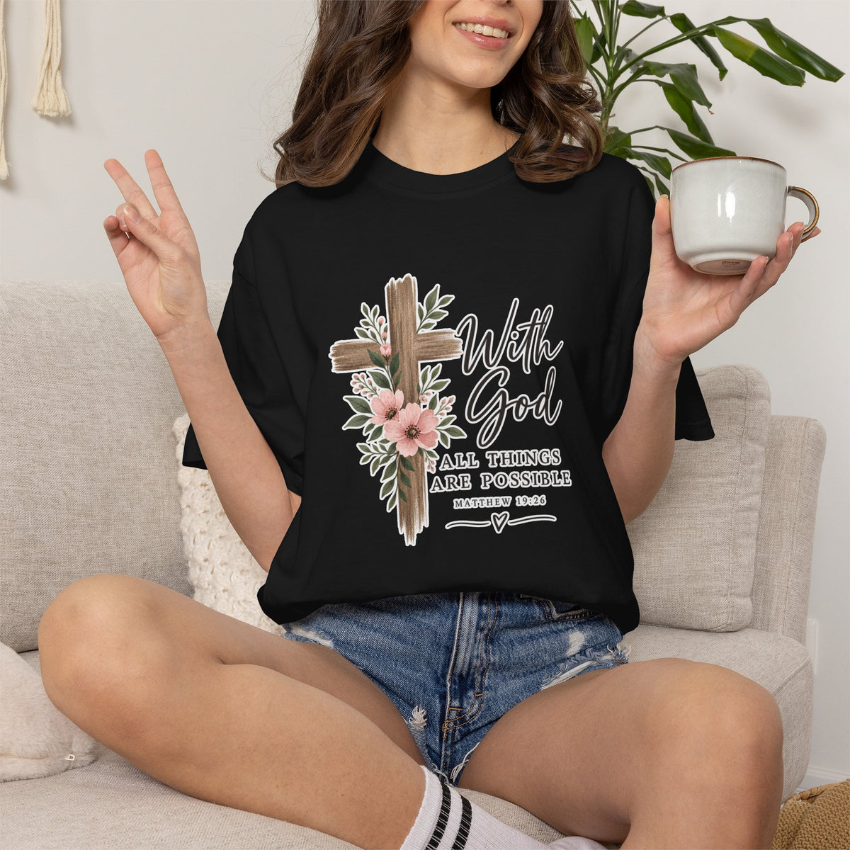 With God All Things Are Possible T-Shirt — Floral Cross Christian Tee