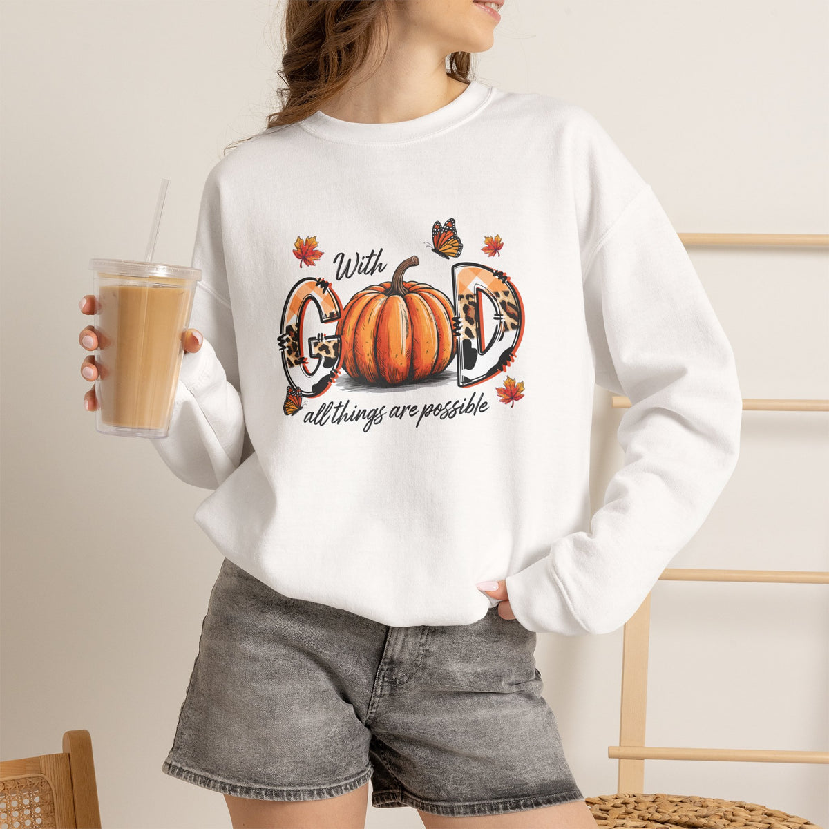 Crewneck Sweatshirt — "With God All Things Are Possible" Pumpkin Fall Faith Sweatshirt
