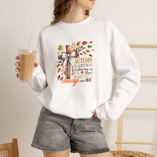 Autumn Is God’s Way Crewneck Sweatshirt — Fall Leaves Cross Graphic