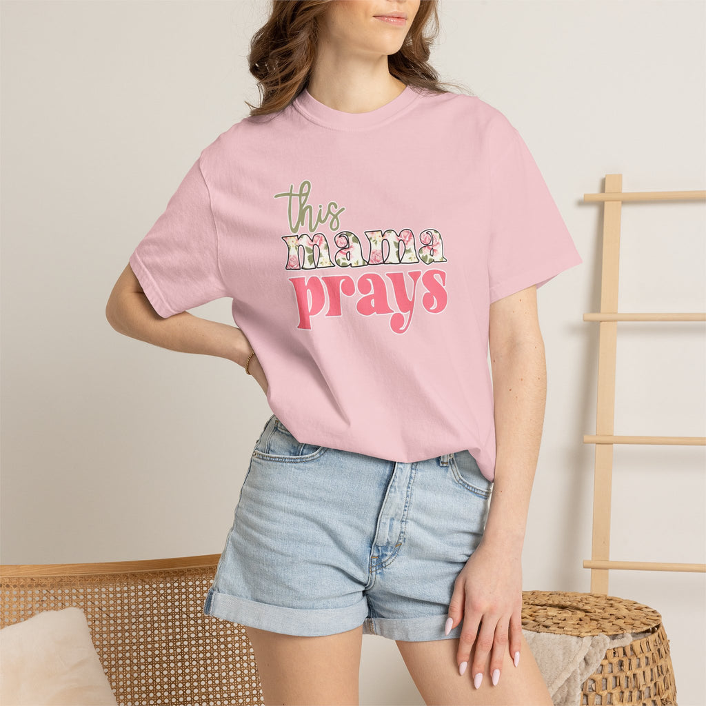 This Mama Prays T-Shirt — Floral Script Christian Mom Tee