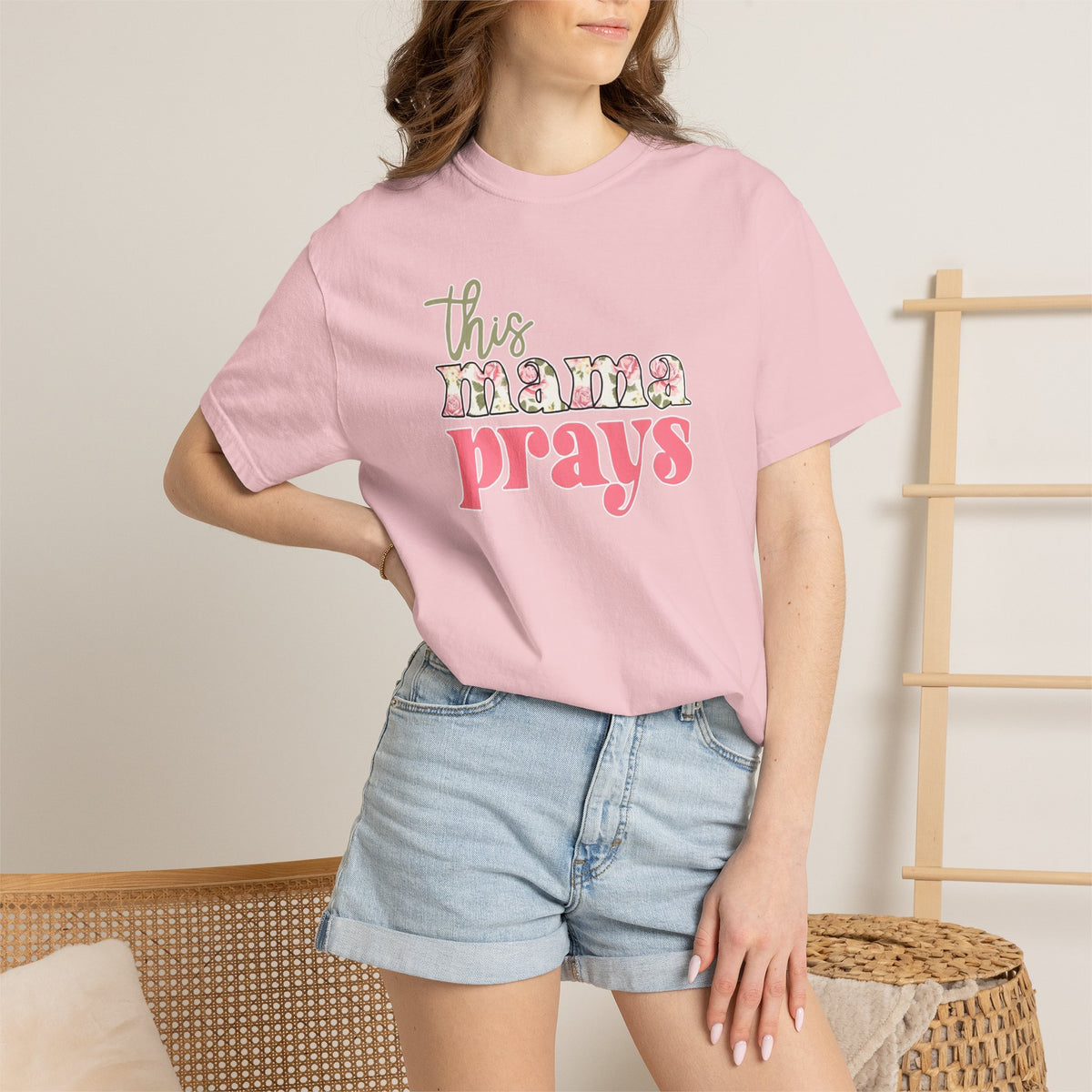This Mama Prays T-Shirt — Floral Script Christian Mom Tee
