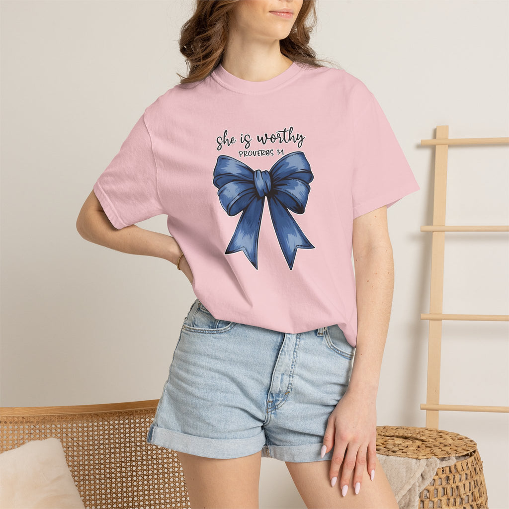 She Is Worthy Bow T-Shirt — Inspirational Christian Tee (Proverbs 31)