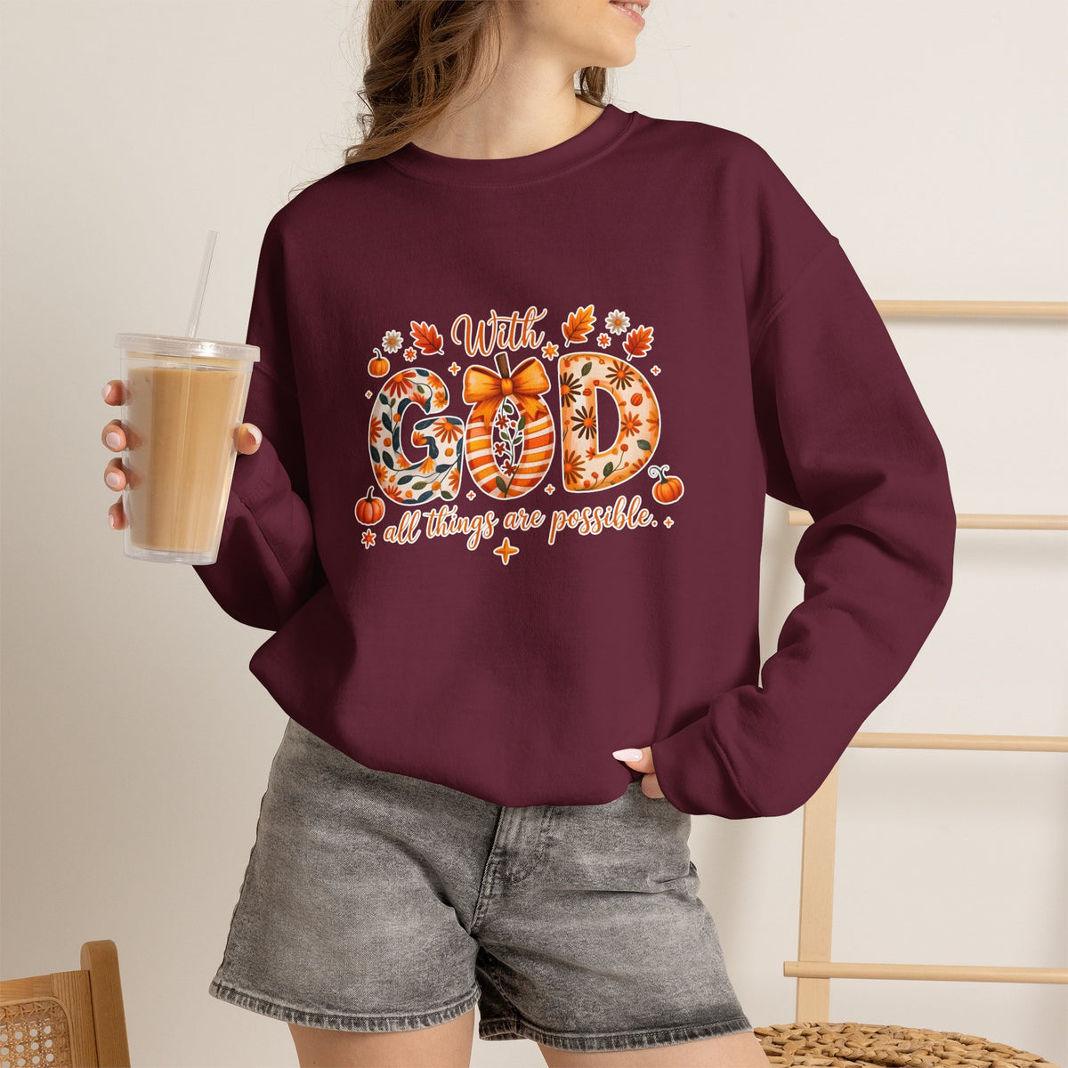 Faithful Fall Crewneck Sweatshirt — “With God All Things Are Possible”