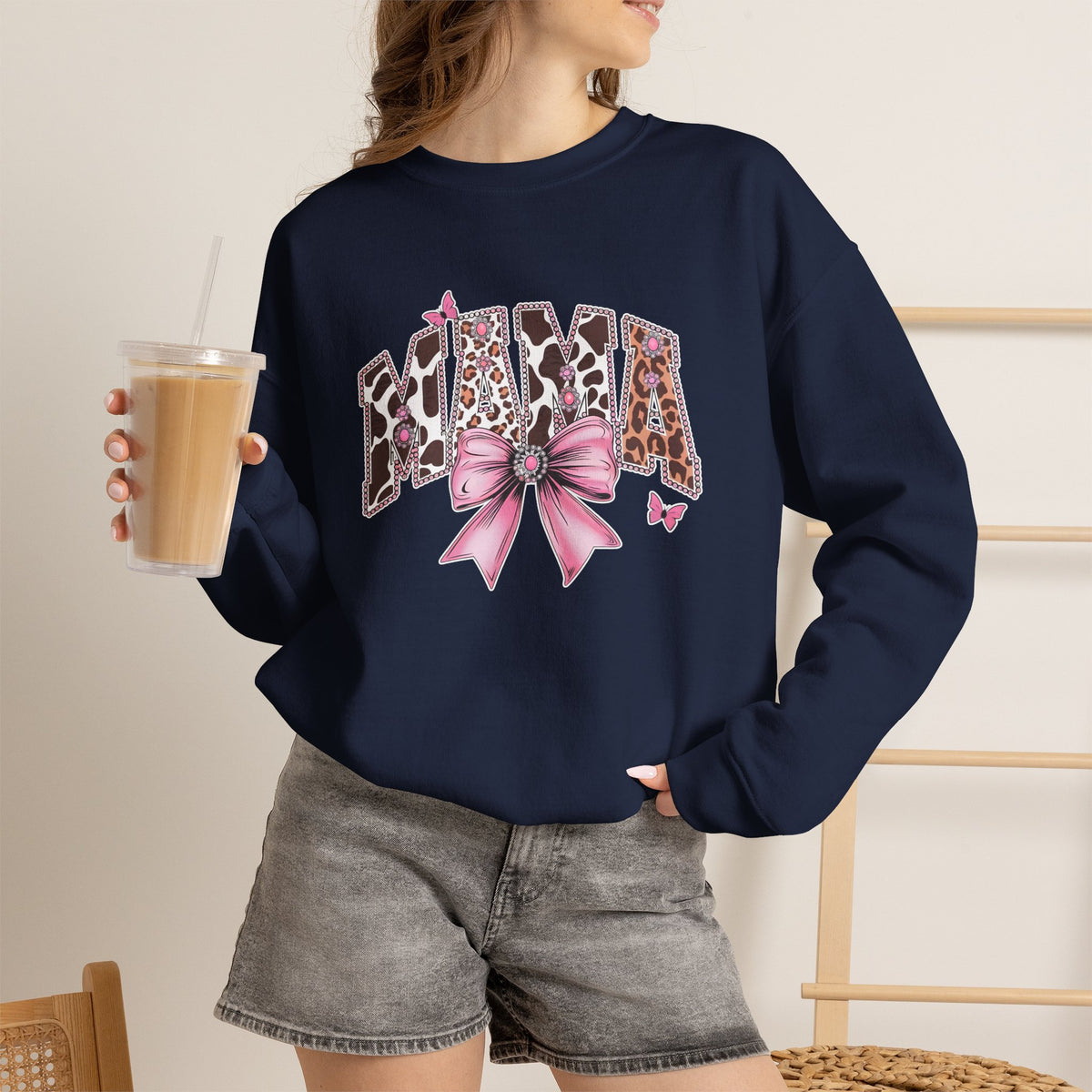 Mama Leopard Print Sweatshirt with Pink Bow — Mom Graphic Crewneck