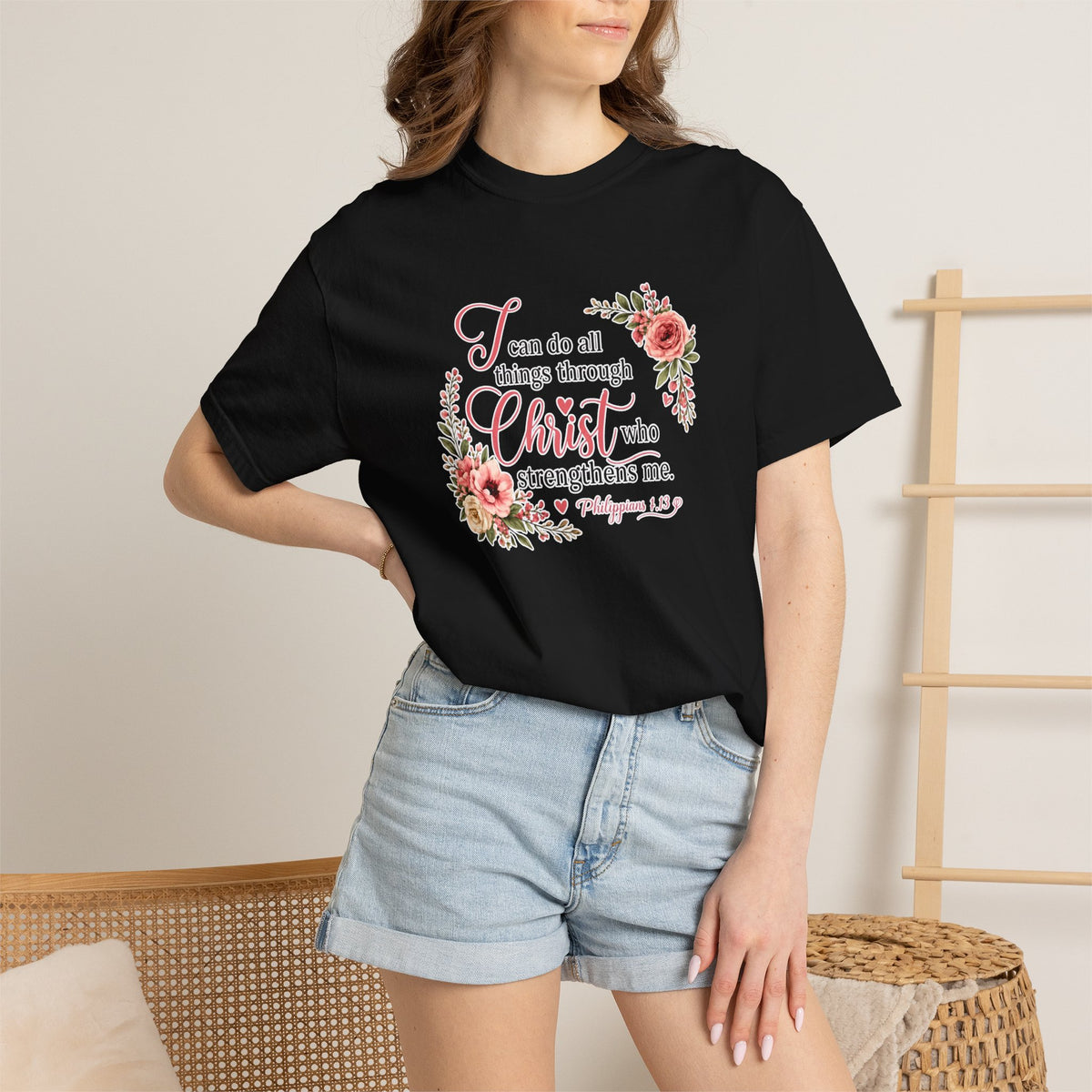 Christian Floral T-Shirt — "I Can Do All Things Through Christ" Scripture Tee