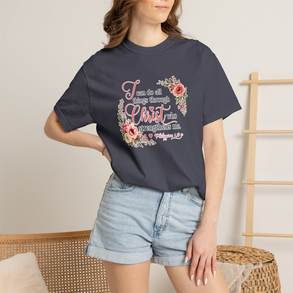 Christian Floral T-Shirt — "I Can Do All Things Through Christ" Scripture Tee
